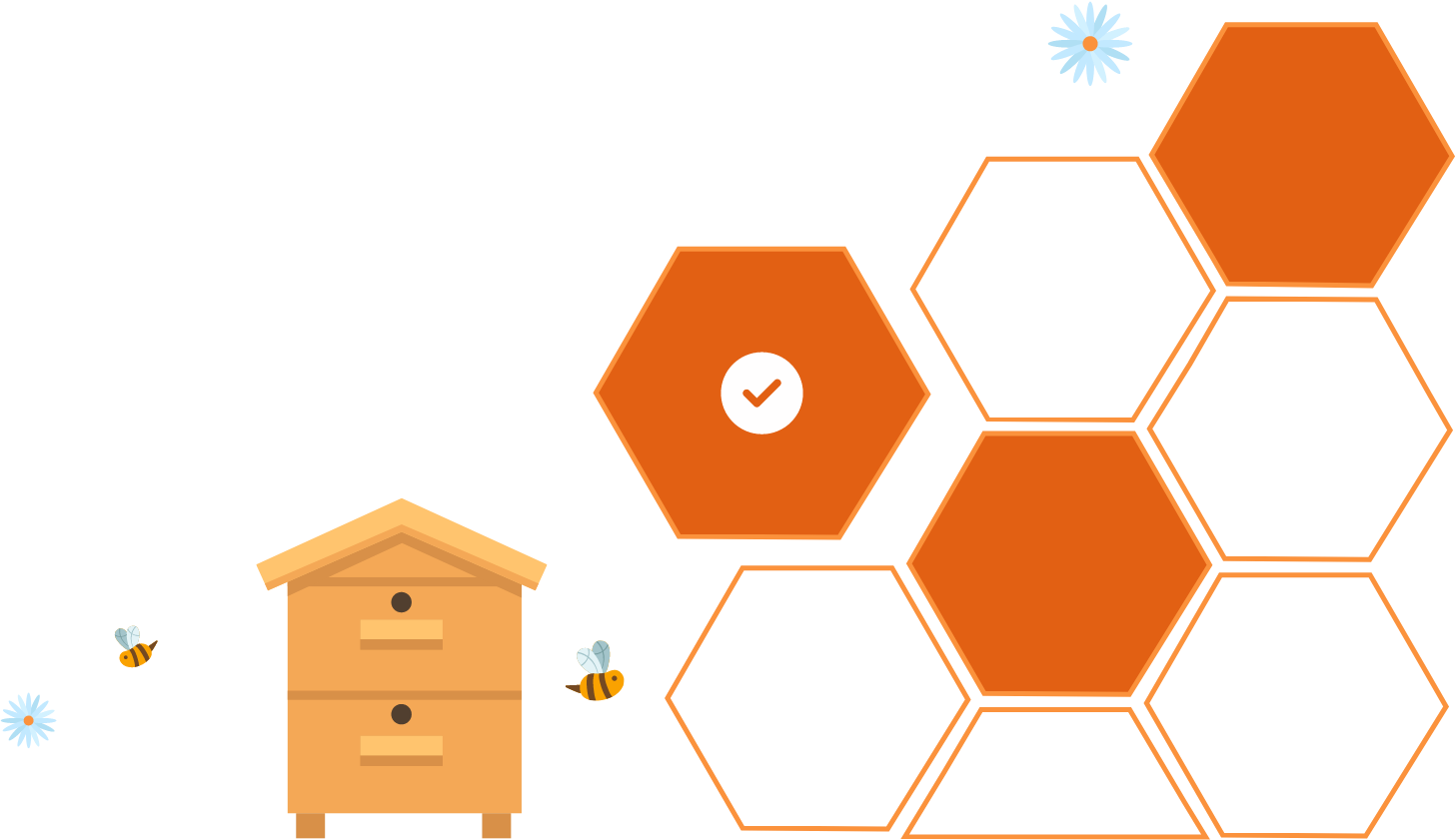 Fond jaune avec une ruche, des alvéoles et des abeilles qui volent